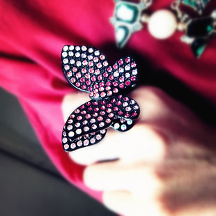 捡漏美国高品质超闪钻粉红渐变大蝴蝶奢华浮夸女神弹力食指戒指特