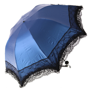 蓝色拱形公主伞蕾丝三折折叠女防晒黑胶彩胶太阳伞遮阳晴雨伞