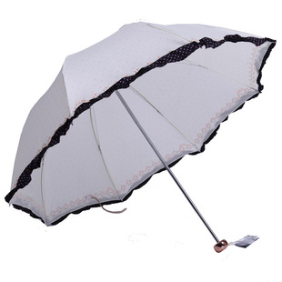 拱形伞花边三折伞折叠伞女士晴雨伞白色米色