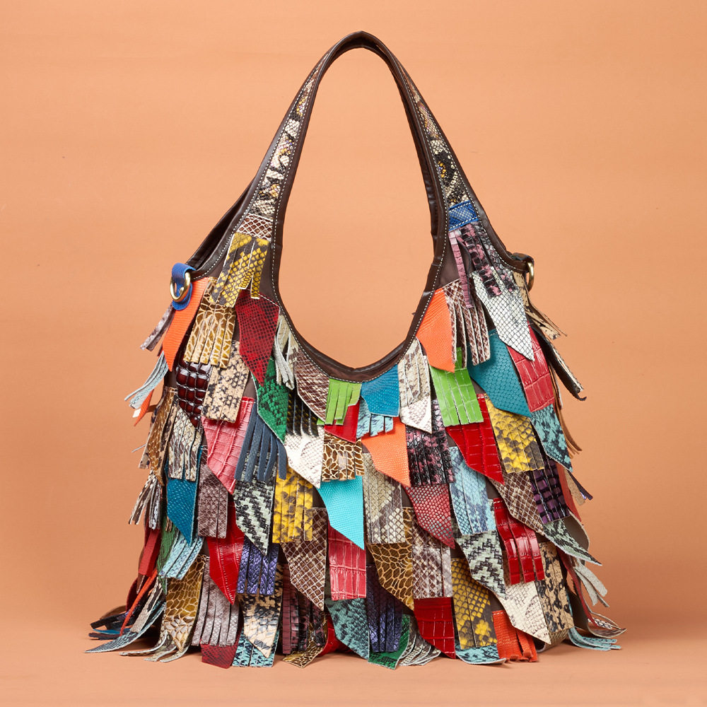 跨境欧美爆款真皮女包个性设计款彩色流苏包单肩斜挎包拼接托特包