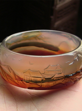 天然巴西玛瑙手镯/原色无忧化/纯手工巧雕/国画风景图/玉髓2084