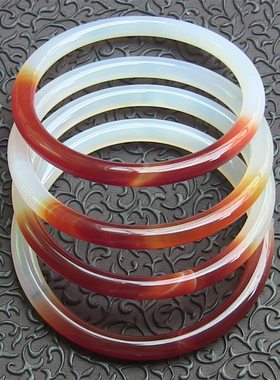 瑕疵品6mm细圆条天然巴西玛瑙手镯/复古圆条/半边红玉髓No:149