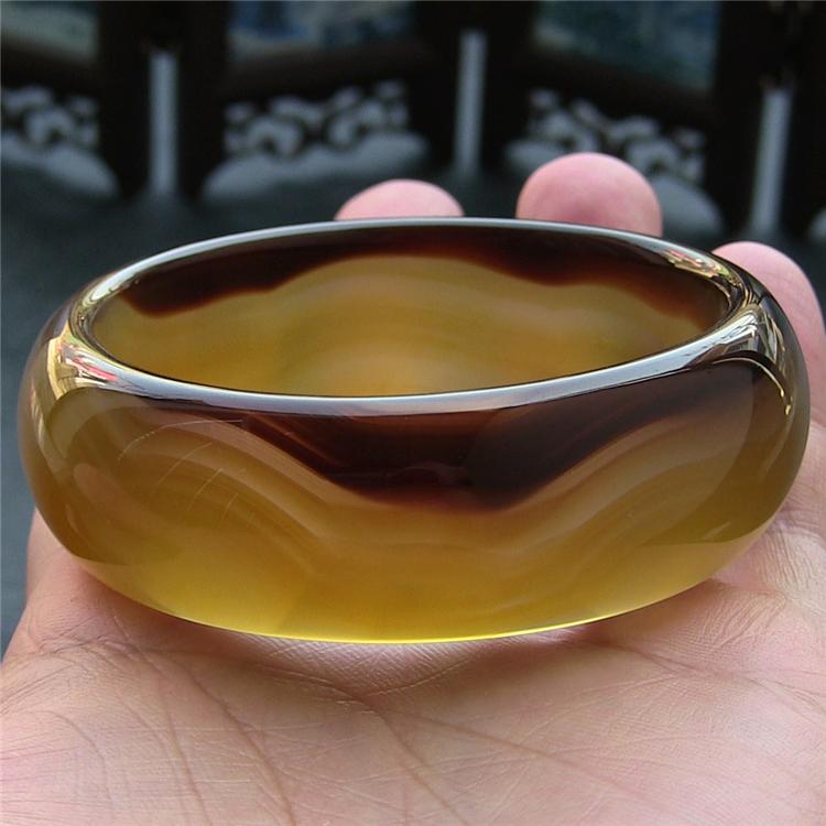 天然巴西玛瑙手镯/加宽加厚/原色无优化/蜜糖色飘咖啡色纹理玉髓