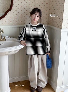 己又合2025秋款女童T恤条纹儿童长袖t上衣打底衫卫衣宽松潮11097