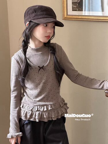MAIDUOGUO2026冬款女童波点暖绒背心+ T恤木耳边甜系打底衫潮5095