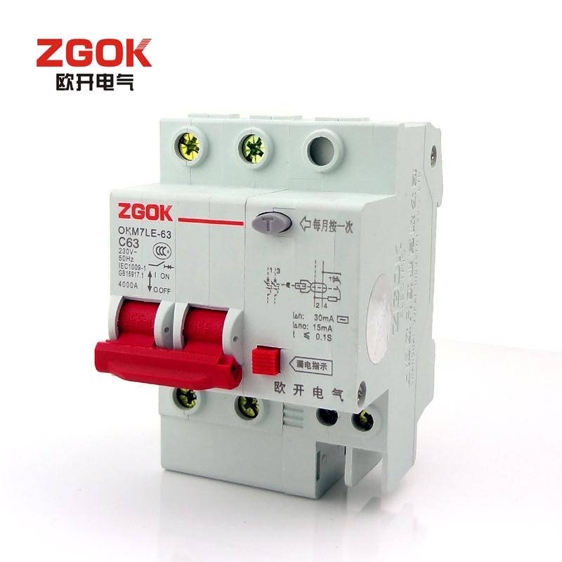 漏电保护器DZ47LE/2P-63A/家用漏电/保护开关/断路器C63红手柄