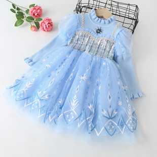 特价好货 女童毛衣裙宝宝爱莎公主裙儿童春秋冬针织蓬蓬纱连衣裙