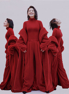 大荣高级定制马思纯超长款红色泰迪熊大衣宽松加厚羊毛外套女茧型