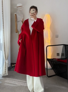 DARONG定制红色版人生大衣后背开叉羊毛大衣长款女冬季