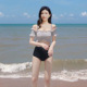 2025新款 一字肩抹胸高腰吊带比基尼游泳装 分体泳衣女韩版 泡泡袖