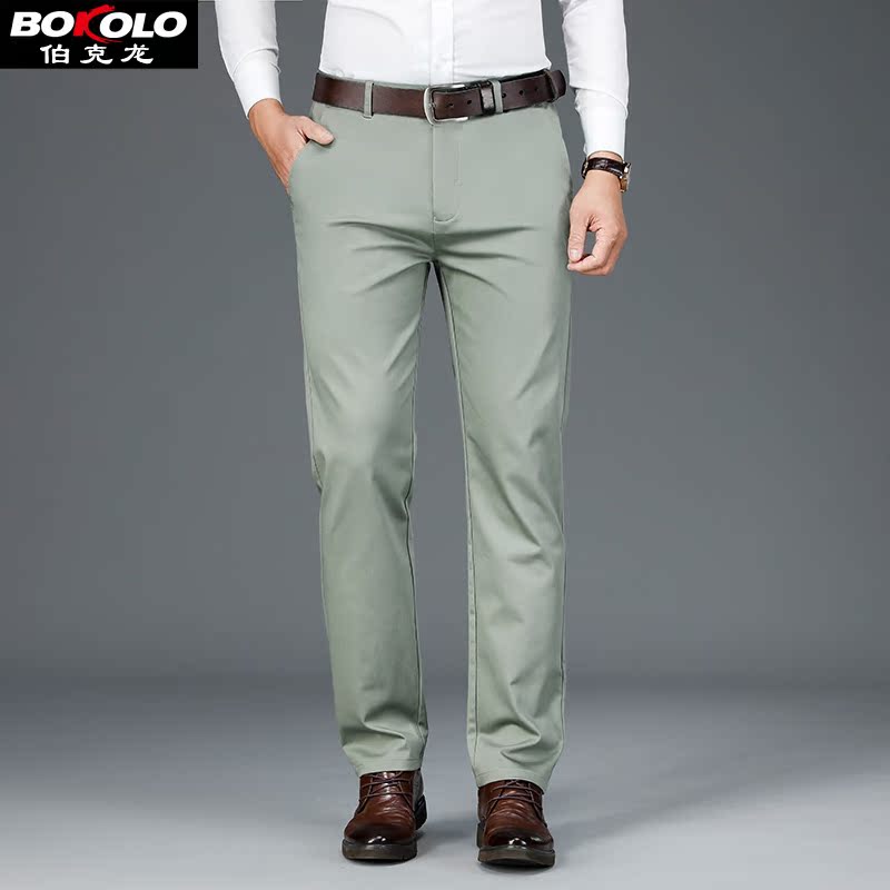 Bamboo fiber spring casual pants mens loose straight business solid green middle-aged versatile long pants