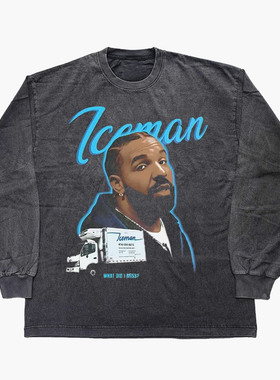 高品质狠货Drake ICEMAN专辑人像长袖复古宽松洗水小领口t恤纯棉
