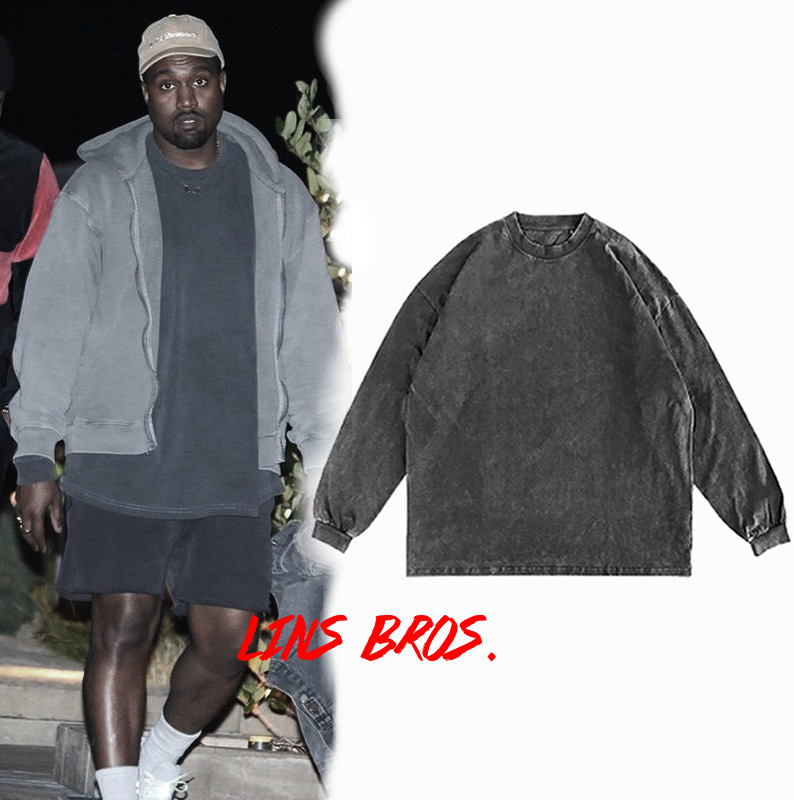 Kanye Drake水洗做旧长袖复古同款T恤打底oversize纯色嘻哈