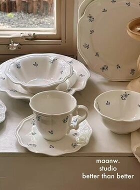 maanw 法式蓝色碎花陶瓷餐具本白色陶瓷碗餐盘甜品盘咖啡杯碟套装