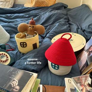 ins棉线编织收纳筐桌面卧室客厅带盖小房子整理筐 store Fish