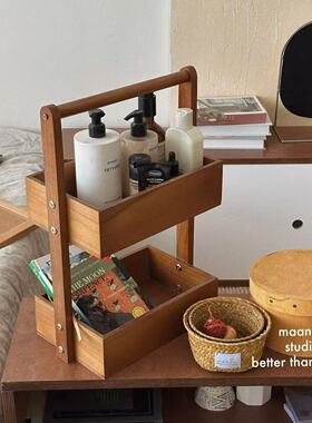 maanw 复古实木双层收纳盒手提护肤品化妆品杂物储物筐整理篮