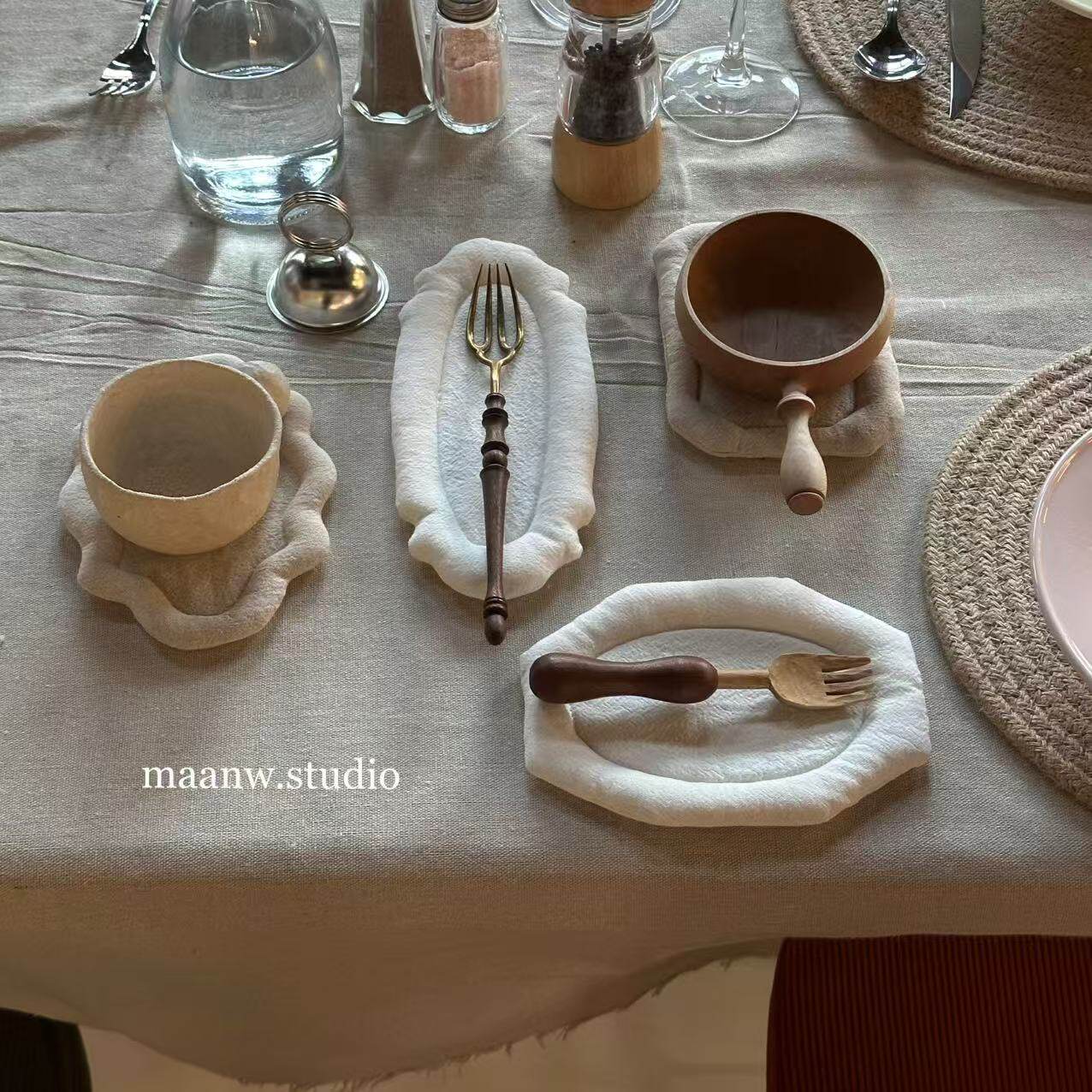 maanw 日式素色花边餐垫简约棉麻布艺刀叉餐具垫杯垫防烫桌垫,餐饮具,餐垫,淘宝优惠券,粉丝福利购,淘宝优惠卷