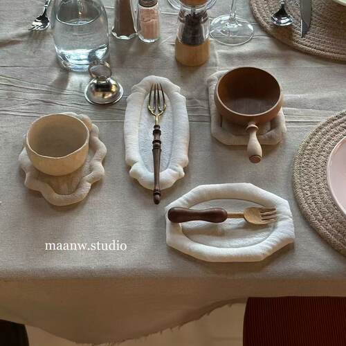 日式素色花边餐垫简约棉麻布艺