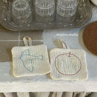 maanw 可爱苹果刺绣软软餐垫杯垫飞鸟厨房抹布吸水方巾擦碗布