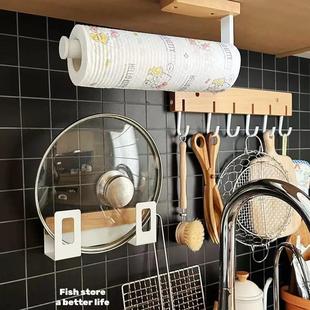厨房实木铁艺置物架免打孔粘贴卷纸锅盖厨具收纳架 store Fish