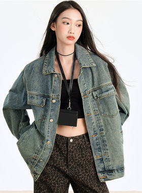 港风复古甜辣牛仔外套女春秋2024新款设计感宽松休闲翻领夹克上衣