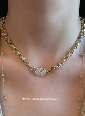 中古马眼颈链复古vintage欧美风镶钻莫桑石轻奢项链毛衣链女
