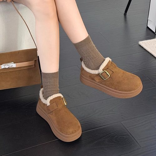 牛反绒复古内增高勃肯鞋女2025新款一脚蹬皮毛一体豆豆鞋3250她致
