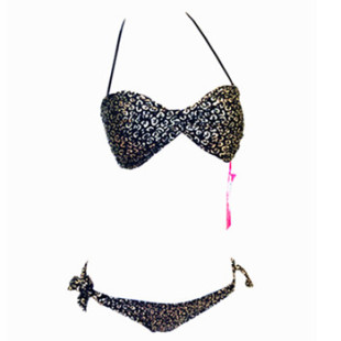 外单欧美抹胸聚拢扭杯挂脖系带烫金爱心比基尼