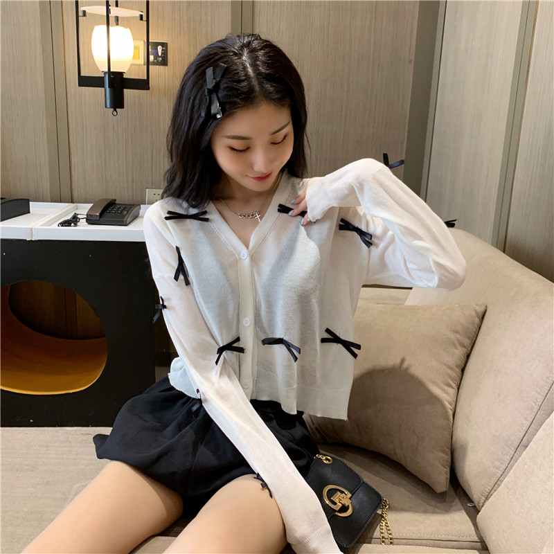 Real price net red bow sunscreen cardigan thin white loose coat Long Sleeve T-Shirt