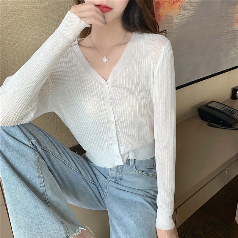 Real price collar knitted cardigan coat sunscreen coat Long Sleeve thin style with short air conditioning shirt