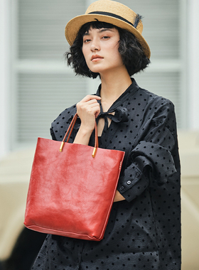 藤也家极简风复古水桶包植鞣牛皮包百搭休闲方形红色结婚包大包女