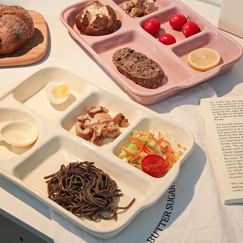 色釉分格餐盘减脂餐具大人早餐定量家用陶瓷餐具一人食分隔减肥