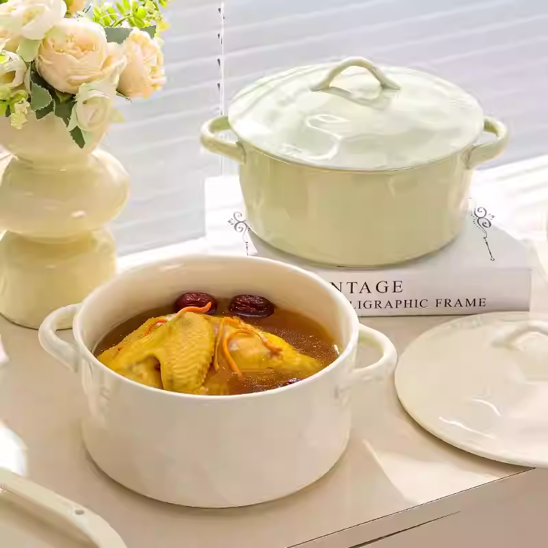 奶油风陶瓷家用炖锅耐高温双耳汤锅釉下彩健康大容量带盖陶瓷汤锅