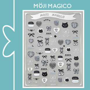 茉季 饰饰品kx479 手绘小黑猫卡通蝴蝶结爱心美甲贴纸防水指甲贴装