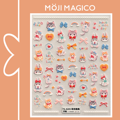 茉季萌趣猫咪兔子立体浮雕美甲贴纸防水指甲贴装饰贴花饰品4205