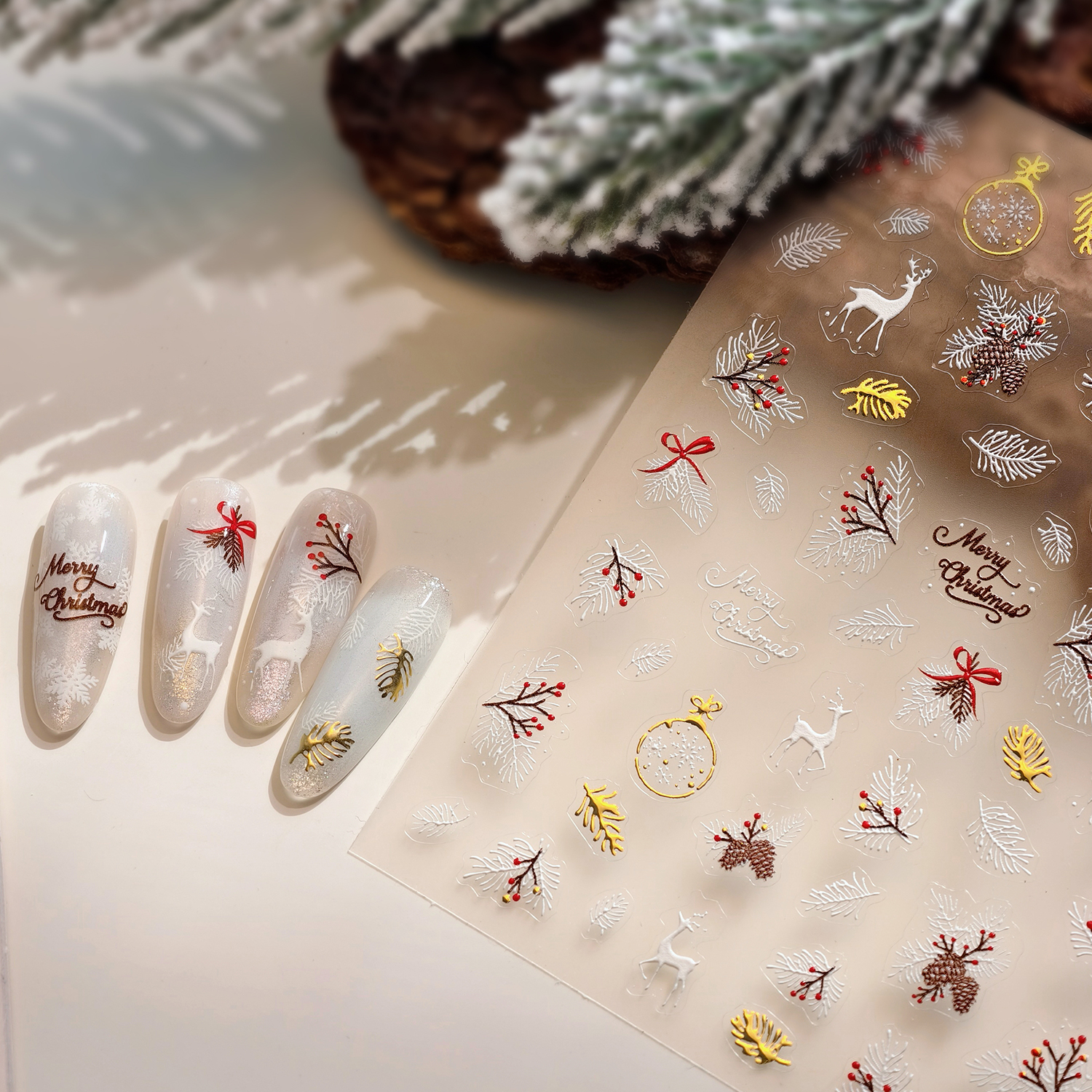 茉季圣诞树叶圣诞节美甲贴纸防水指甲贴装饰贴花饰品M742