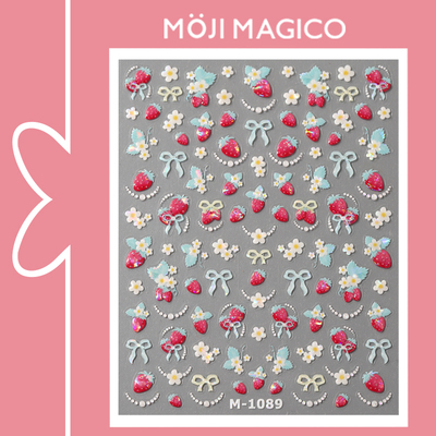 茉季果冻胶诱人草莓冰蓝蝴蝶结玻璃碎美甲贴纸防水指甲贴M1089