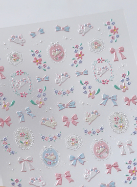 茉季点珍珠花朵兔子蝴蝶结美甲贴纸防水指甲贴装饰贴花饰品TL268