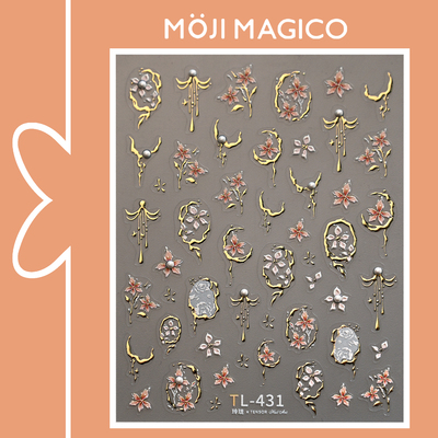 茉季烫金花框花朵点珍珠立体浮雕美甲贴纸防水指甲贴装饰品TL431