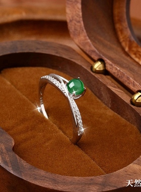 天然危料阳绿翡翠s925纯银戒指银镶蛋面百搭时尚可调节指环配饰女