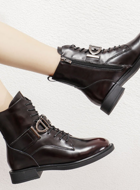 真皮英伦风马丁靴女 冬新加绒粗跟中筒靴网红欧洲站系带棉靴清仓