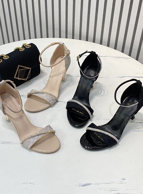 法式一字带高跟露趾凉鞋细跟气质新款时尚夏季斩男百搭高跟鞋清仓