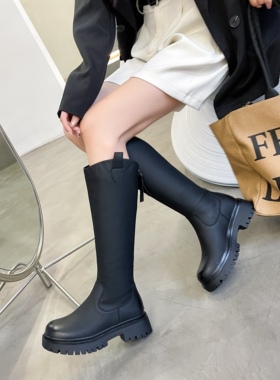 高筒靴女秋冬季超火厚底增高骑士靴百搭显瘦简约纯色长靴