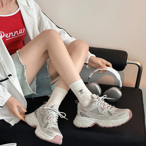 透网老爹鞋女款2025新款夏季增高厚底鞋百搭透气运动休闲鞋