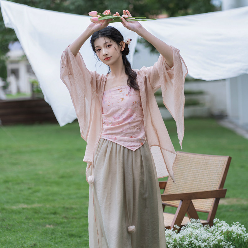 新中式国风夏季改良汉服女茶服年轻款仙气开衫外套吊带裙子薄套装