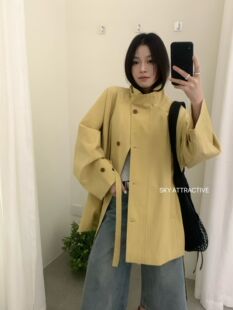 sky98835韩系2026春新款立领风衣女设计感小众中长款大衣宽松外套