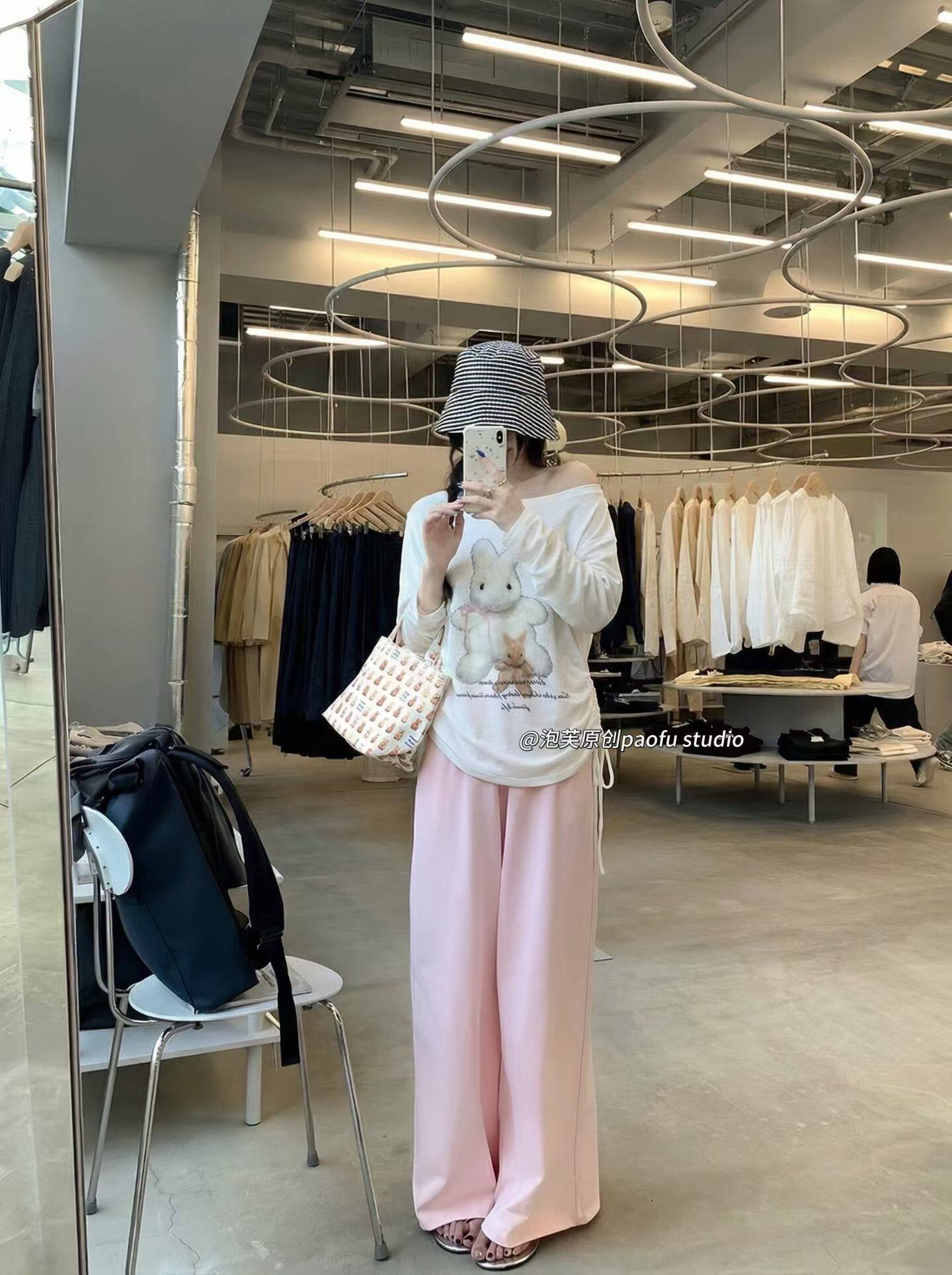 泡芙原创韩系女兔子图案宽松显瘦一字肩长袖T恤上衣打底防晒罩衫