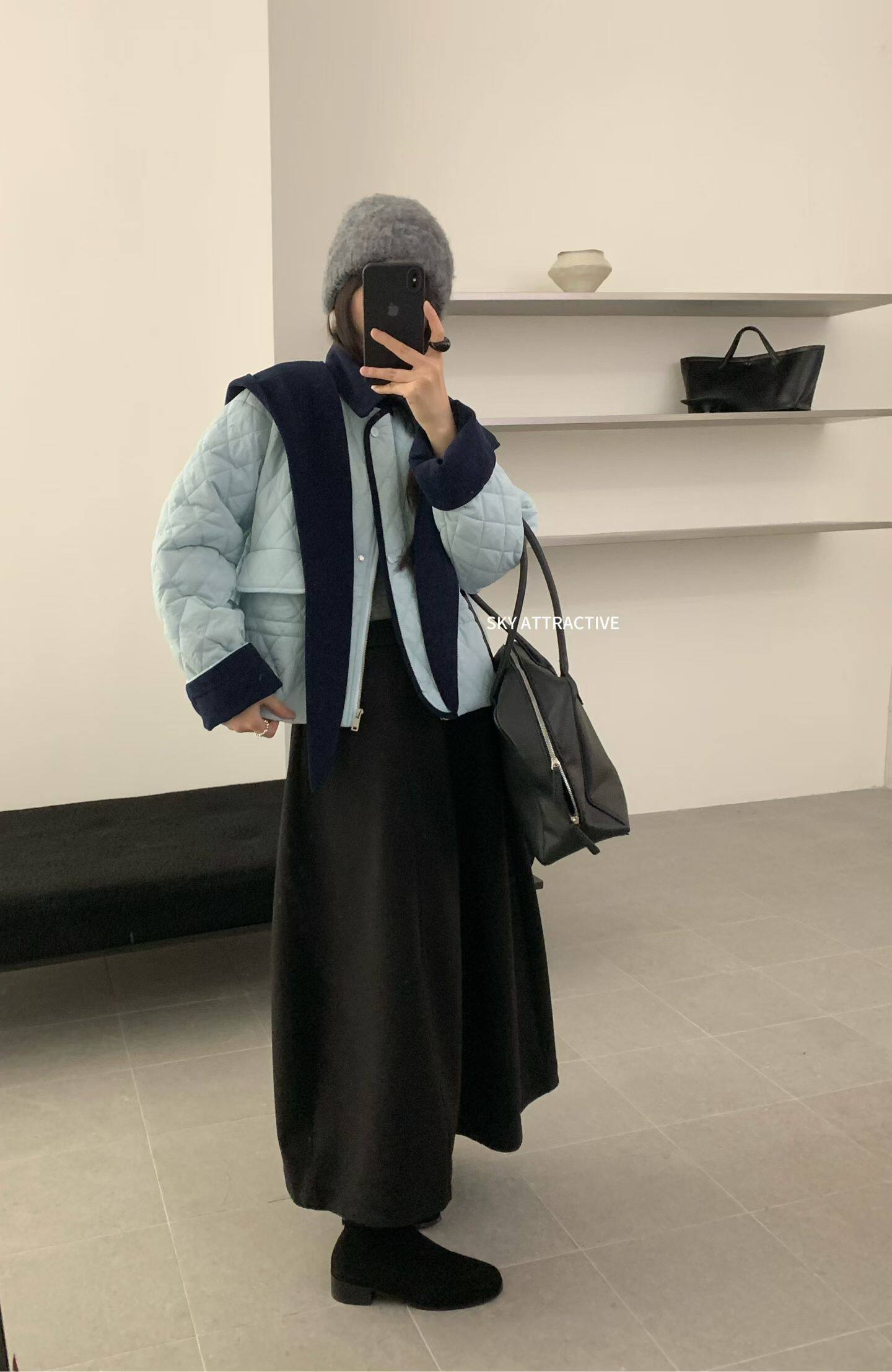 SKY39390复古翻领菱格夹棉加绒加厚保暖外套百搭撞色拼接灯棉衣女