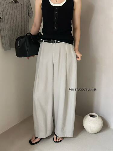 GN026212韩系女显瘦高腰天丝汉麻直筒阔腿裤休闲百搭气球弯刀裤子
