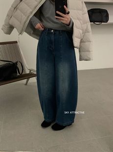 牛仔裤 SKY3021韩系加绒新高腰显瘦直筒休闲女百搭阔腿裤 子弯刀裤